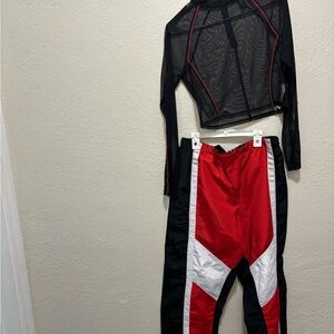 Black and Red Mesh Top with Track Pants